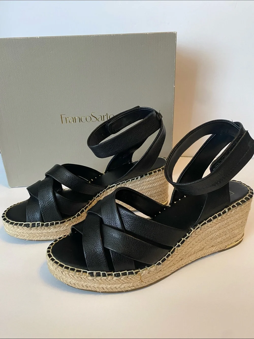 Franco Sarto Black Leather Espadrille Wedge Sandals with Ankle Strap Size 10